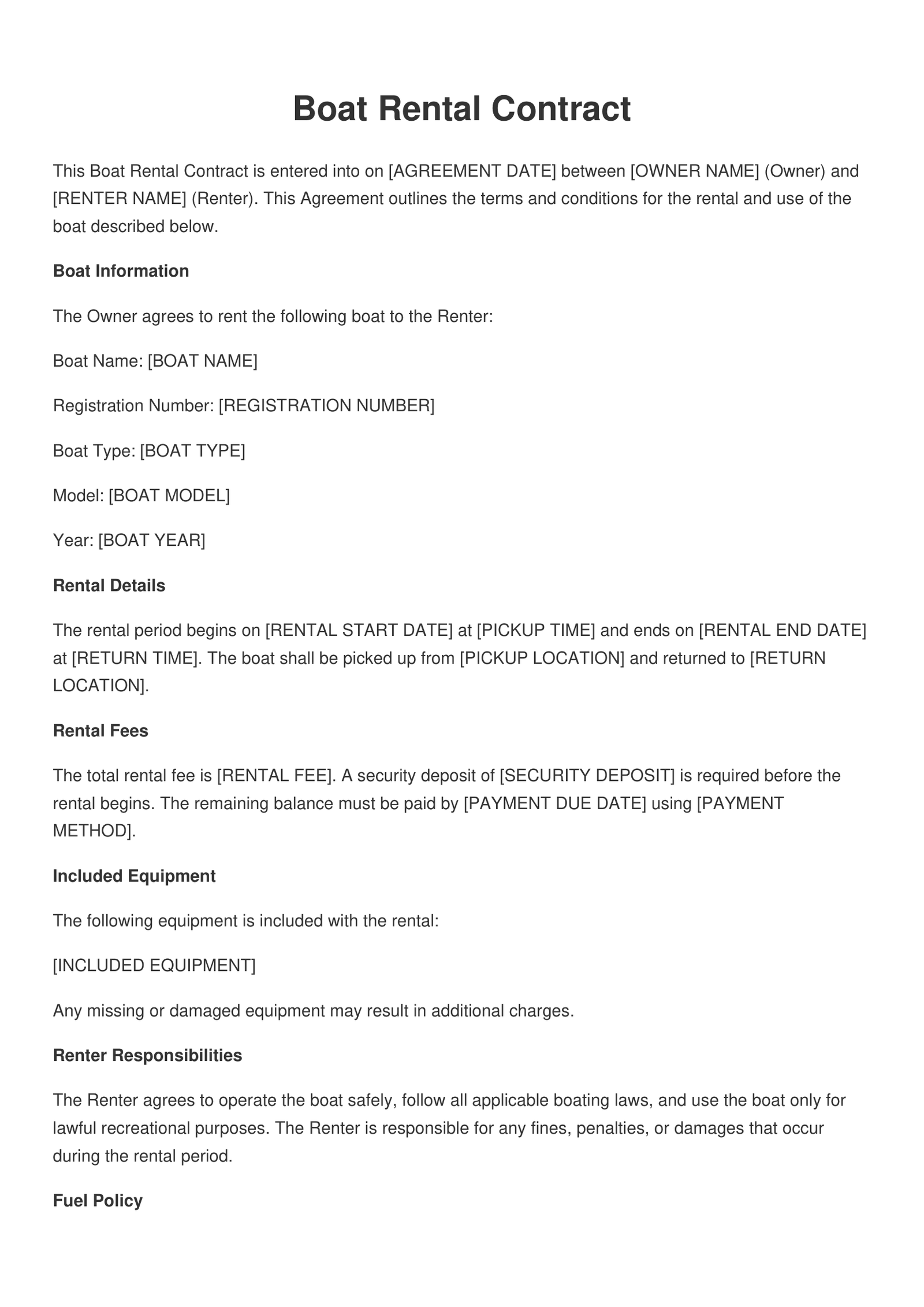 Boat Rental Contract Template - Free PDF, Word & Online Editor