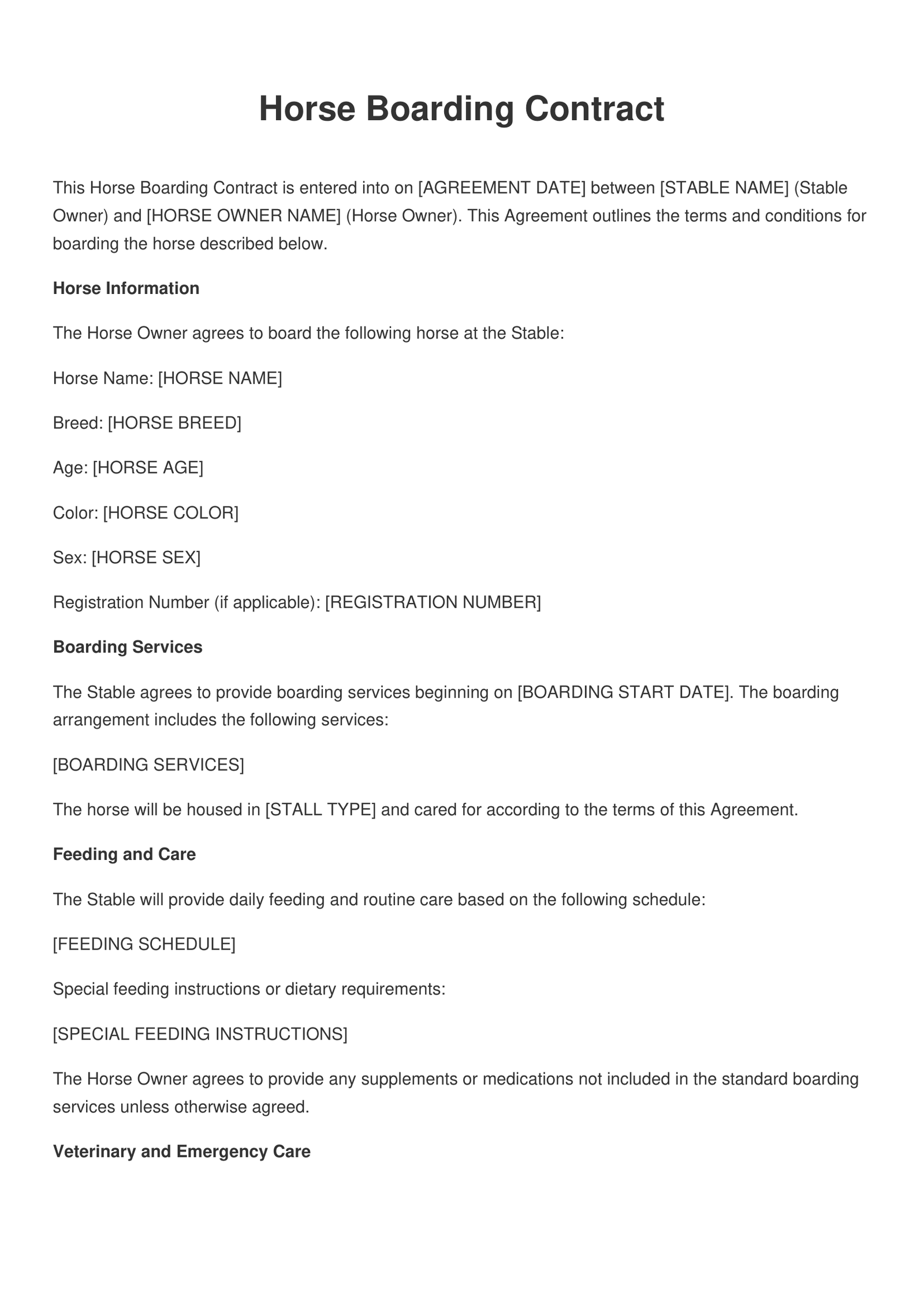 Horse Boarding Contract Template | Free PDF, Word & Online Editor