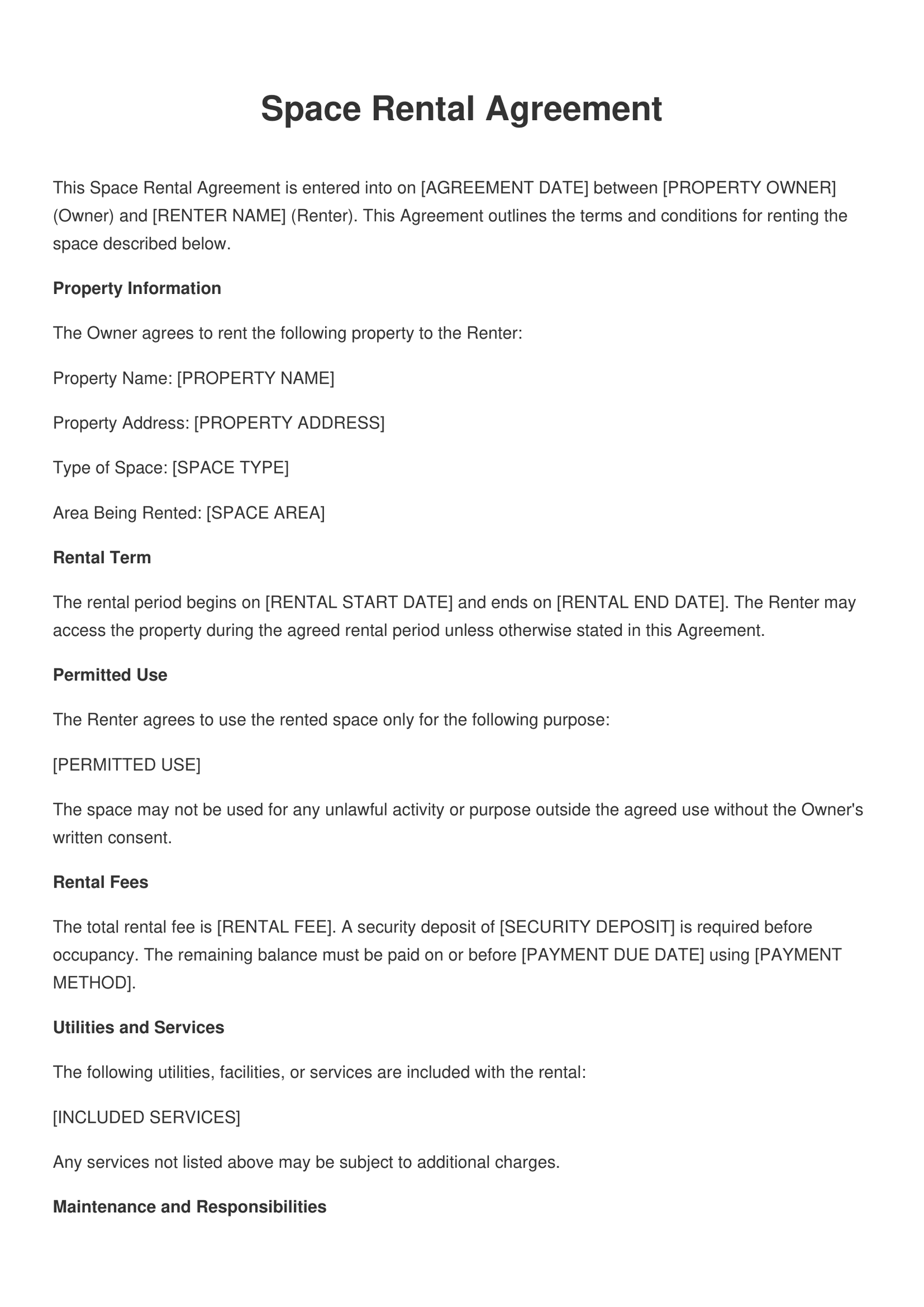 Space Rental Agreement Template - Free PDF, Word & Online Editor