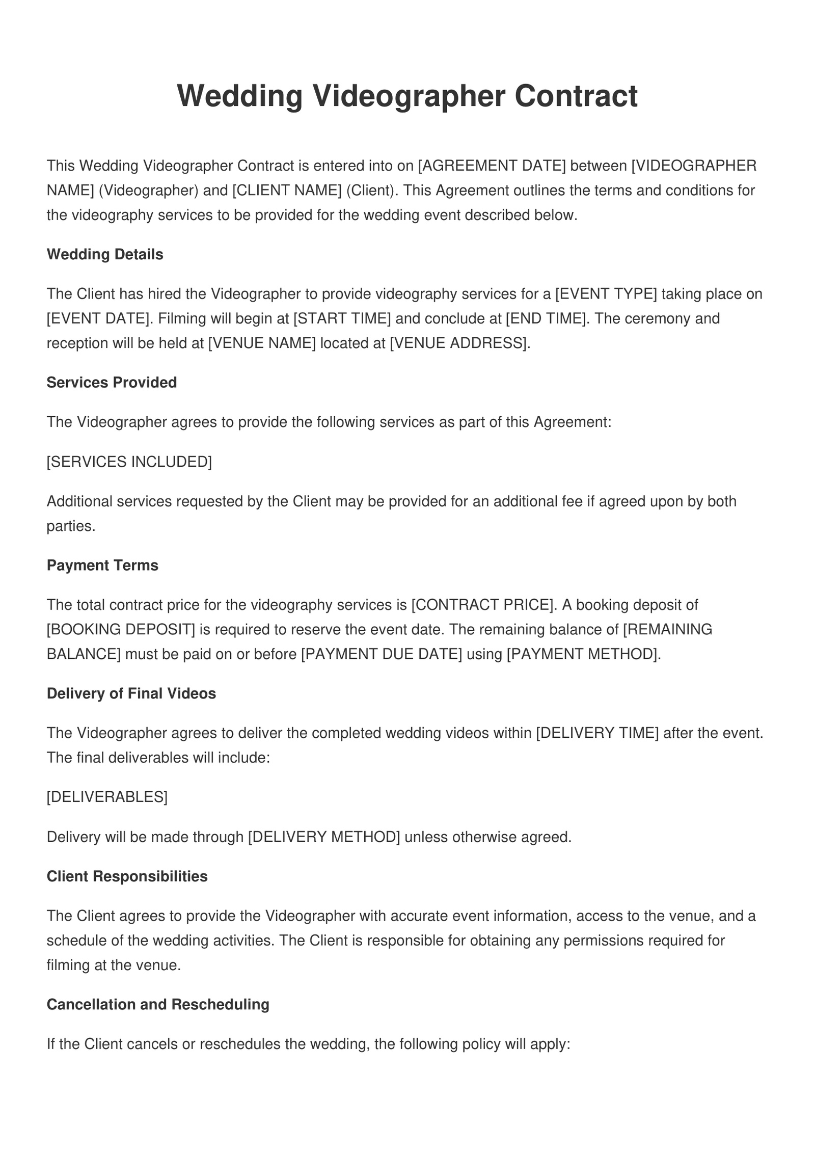 Wedding Videographer Contract Template - Free PDF, Word & Online Editor